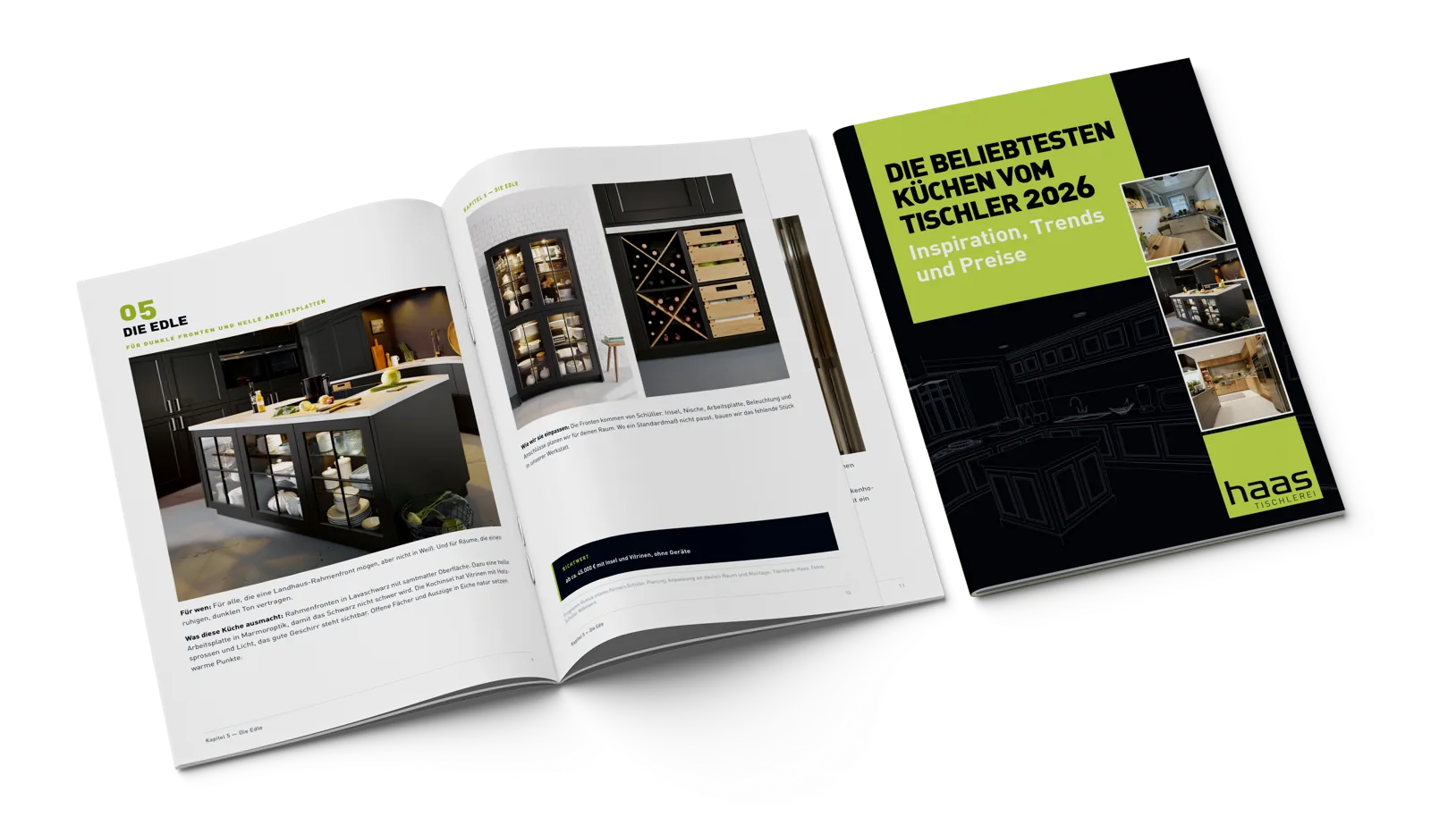 Der Küchenkatalog: aufgeschlagen und daneben geschlossen mit Cover